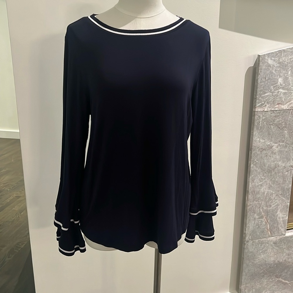 Marled Reunited Clothing Navy & White Long Sleeve Top with Double Ruffle Sleeves